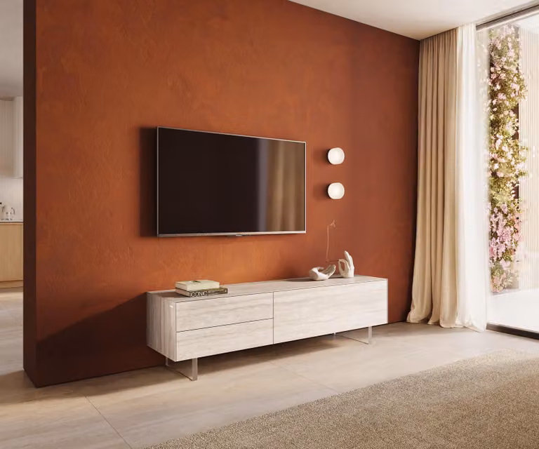 DELIFE Mobile basso Cuor 180 cm Vetroceramica Laminam® Travertino Bianco Creme-Weiß 1 sportello 2 cassetti Piedini effetto sospeso Vetro acrilico