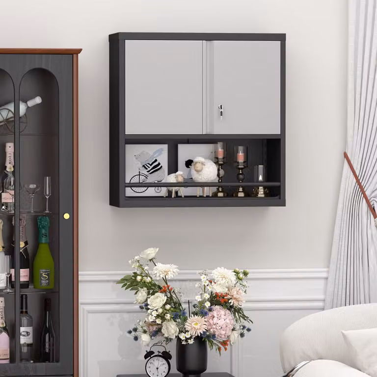 Armadio a parete in metallo MODFU con ripiano regolabile, mobiletto sospeso con 2 ante, pensile per cucina, adatto per cucina, soggiorno e ufficio domestico, dimensioni 76,2 x 30,5 x 78 cm, colore nero e bianco
