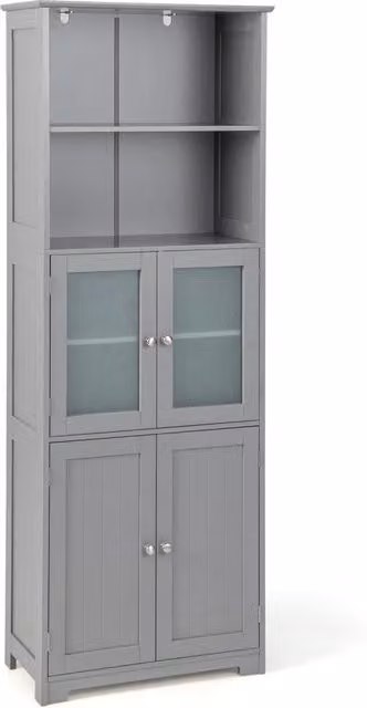 Costway Armadio da Bagno Moderno con Ante in Vetro e Ripiani Regolabili, Mobiletto Alto da Terra Grigio, L: 60 cm, P: 30 cm, H: 163 cm – 1