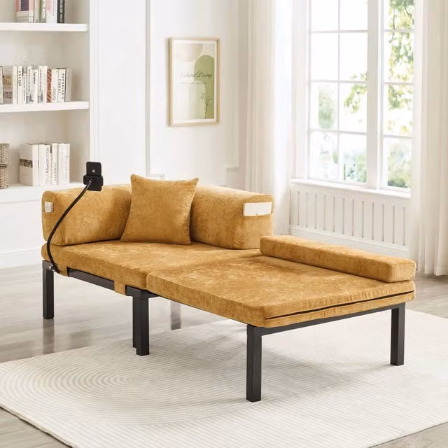 Divano letto pieghevole con letto singolo estraibile in legno e velluto giallo