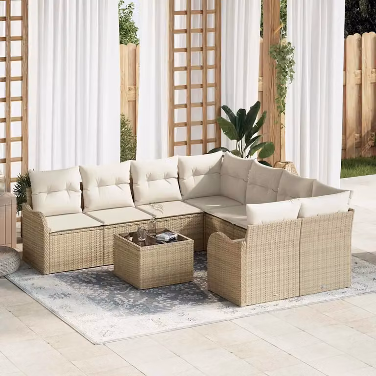 vidaXL Set Divano da Giardino a L con 9 Pezzi Beige e Crema con Cuscini e Tavolino