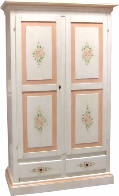 Armadio Shabby Chic Mobili 2G con 2 Porte e 2 Cassetti, Bianco Anticato e Rosa, L: 125 cm, P: 60 cm, H: 200 cm
