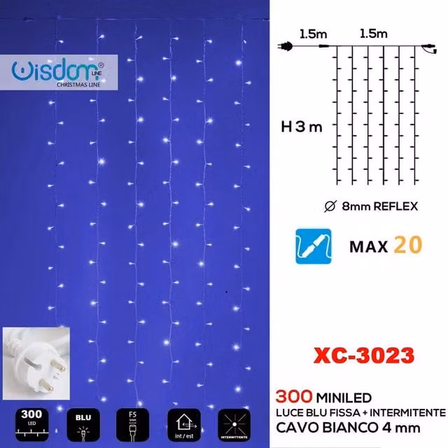 Tenda Luminosa Natalizia Trade Shop con 300 Led Blu Fissa e Bianca Intermittente Modello Xc-3023
