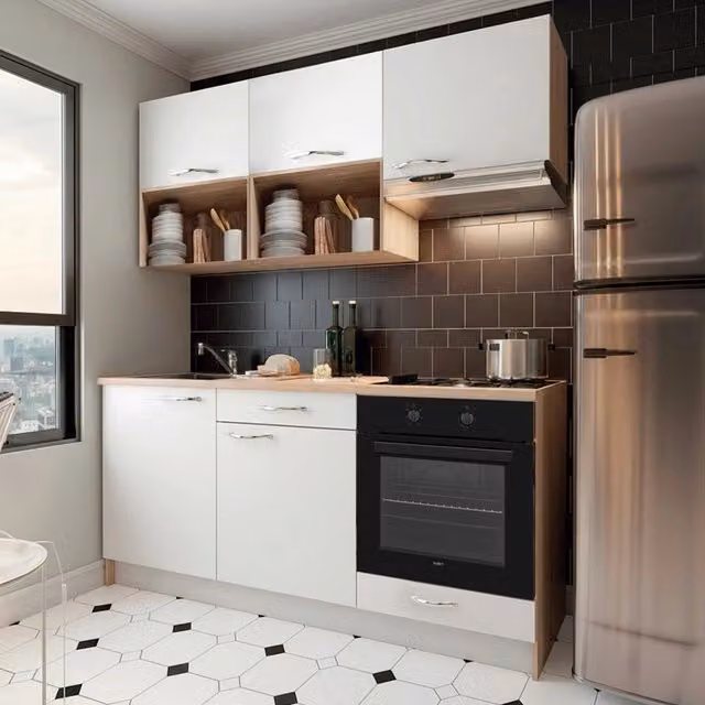 Cucina Moderna Lineare con Ante a Battente in Rovere e Bianco Opaco L: 180 cm, H: 220 cm, P: 148 cm