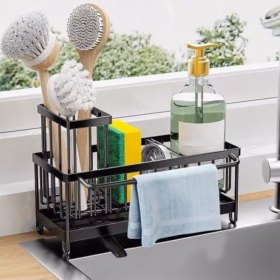 Ibenzoa® Organizzatore per lavello, modello Slim, 23 x 10 x 9 cm, Acciaio al carbonio, sistema di scarico auto-drenante, resistente alla ruggine e alla corrosione, 3 ripiani per cucina e bagno
