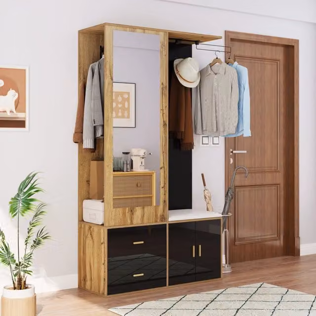 Armadio Set con Specchio e Scarpiera ¨C MINIMAL ¨C Nero, Legno, Appendiabiti