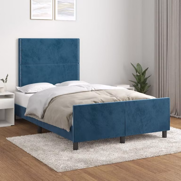 The Living Store Struttura letto con testiera in velluto blu scuro 120x200 cm