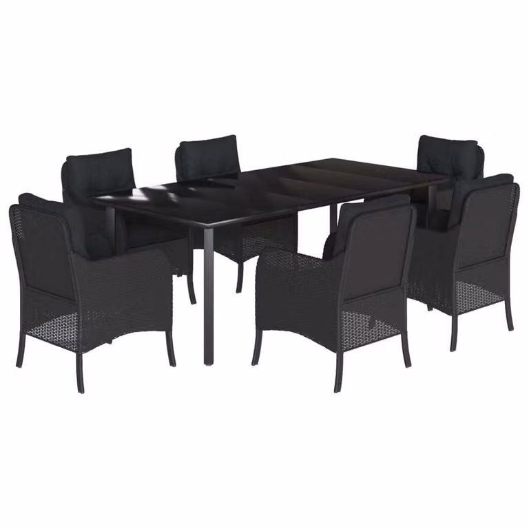 Set da Pranzo da Giardino 7 pz Nero con Cuscini in Polyrattan