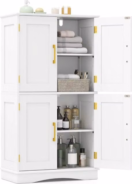 Armadio portaoggetti moderno DESIGN IN con 4 ante e ripiani interni, ideale per bagno, cucina o dispensa, Bianco e Oro, H: 110 cm, L: 60 cm, P: 30 cm