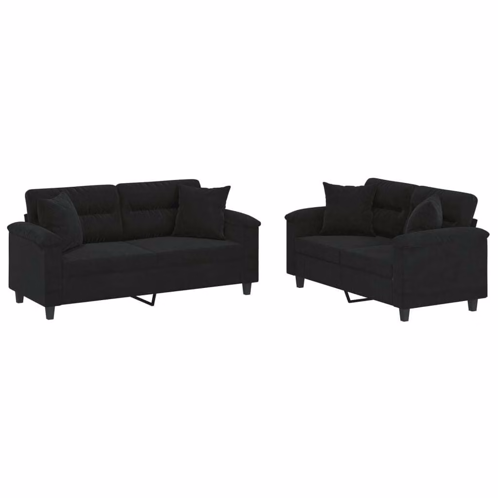 Set Divani 2 pz con Cuscini Nero in Tessuto Microfibra