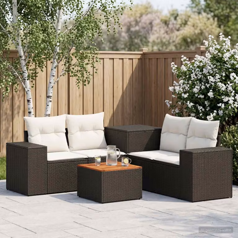 vidaXL Set di divani da giardino a forma di L in polyrattan con tavolino e cuscini, Nero e Bianco