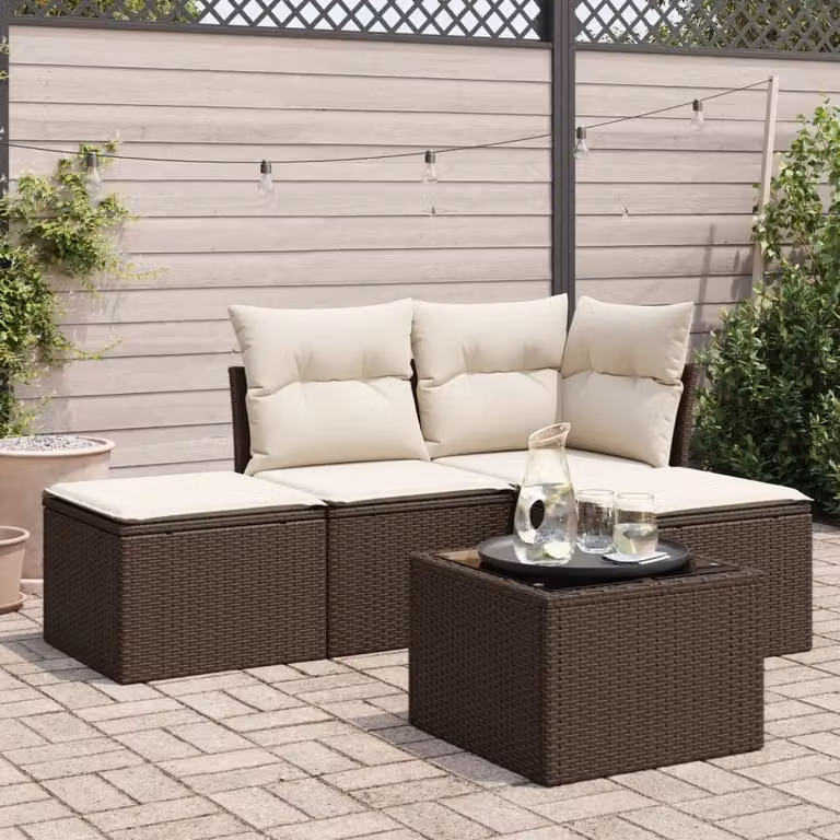 vidaXL Set Divano da Giardino 5 pz a L in Polyrattan Marrone con Cuscini e Tavolino da Esterno