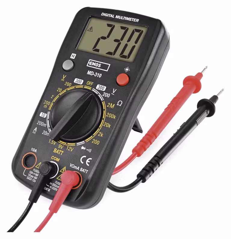 Multimetro digitale EMOS CATIII 300 V con puntali, 2000 conteggi, AC, DC, funzione di memorizzazione, test di continuità, resistenza, diodi, inclusa batteria, modello M3620N