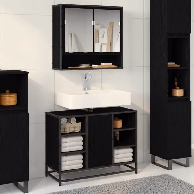 Set di mobili da bagno moderno vidaXL composto da mobile sottolavabo e armadietto con specchio in legno e metallo nero – 1