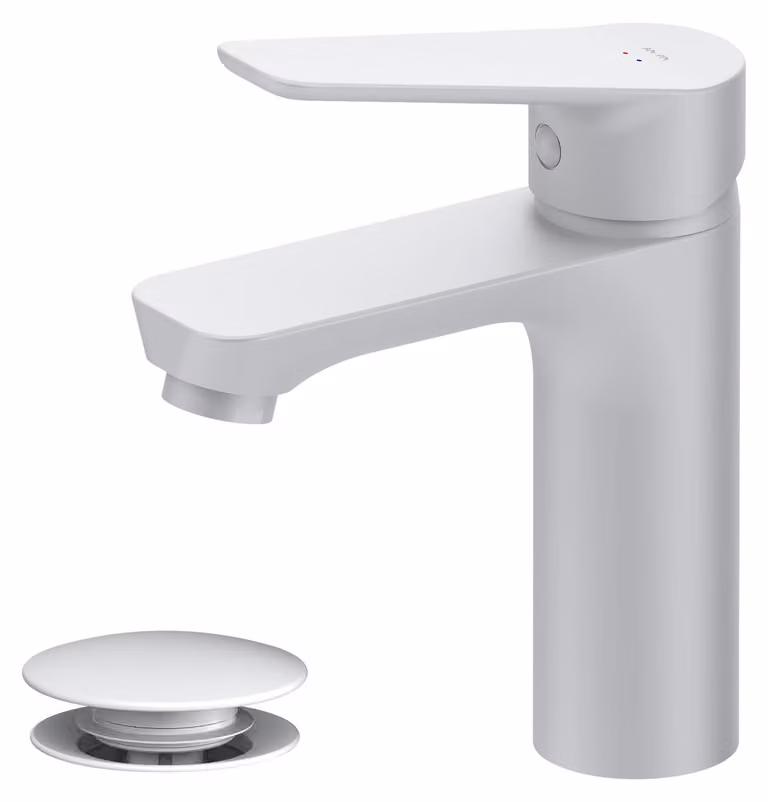 Miscelatore monocomando per lavabo, con bocchetta di scarico da 100 mm, finitura bianco opaco