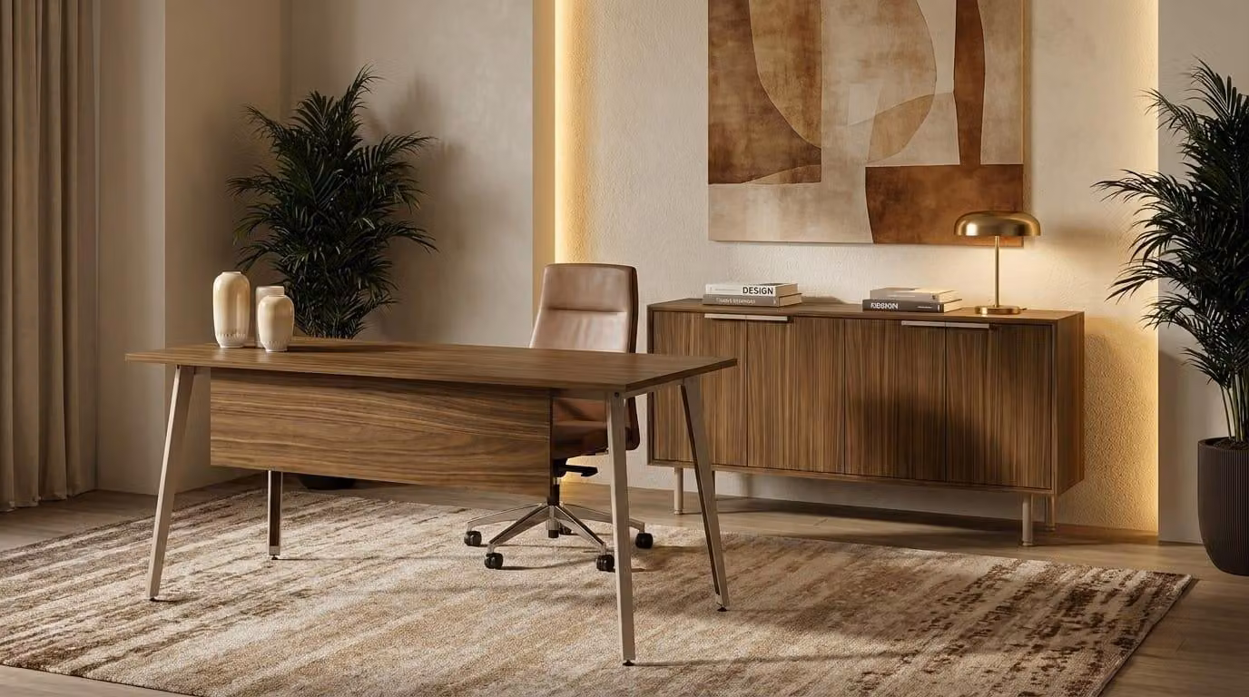 Scrivania, mobiletto, set per ufficio, arredo per studio, design moderno