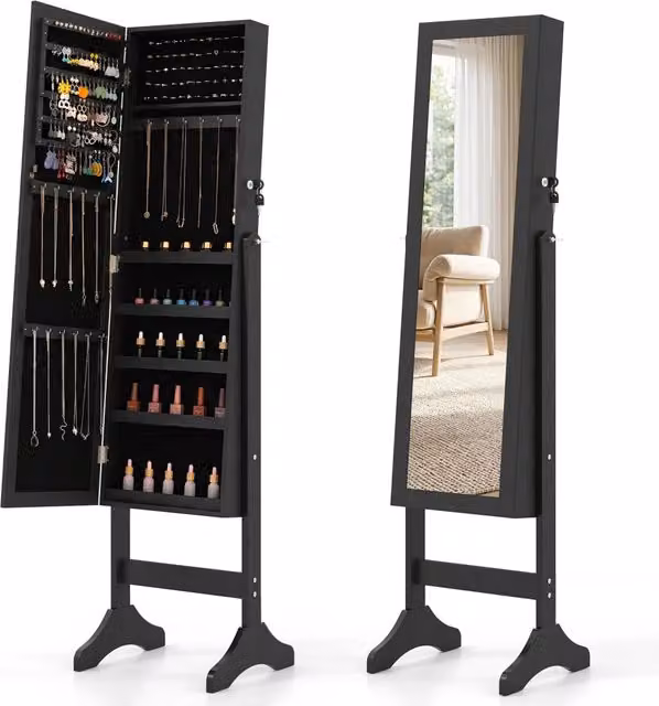 Armadietto portagioie da terra DESIGN IN con specchio a figura intera e serratura, Nero – 1