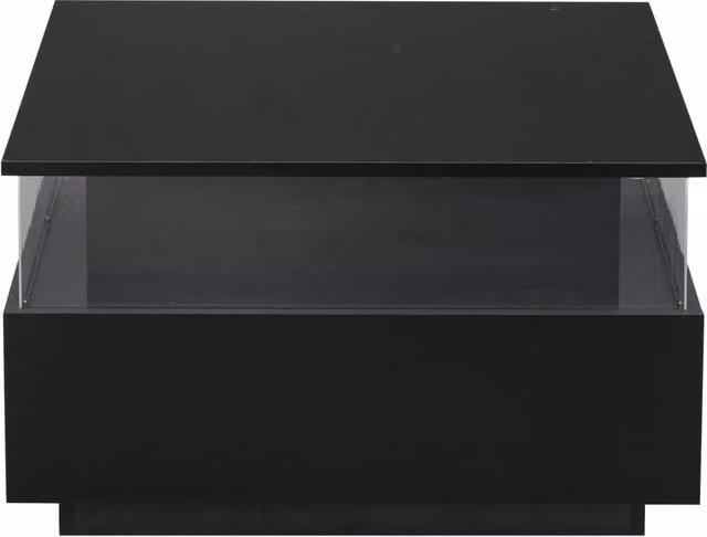 Tavolino da caffè moderno nero lucido 70x70x41 cm con LED, 2 cassetti e vano trasparente in acrilico