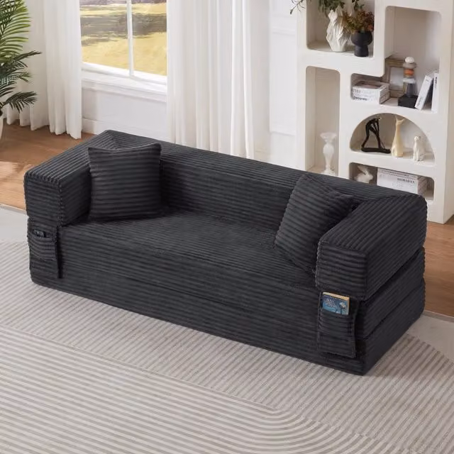 Divano letto trasformabile con design quadrato in schiuma e tessuto a coste grigio scuro