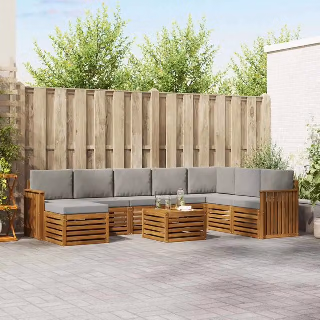 Set di divani da esterno vidaXL a forma di L in legno di acacia con cuscini, colore grigio, 9 pezzi