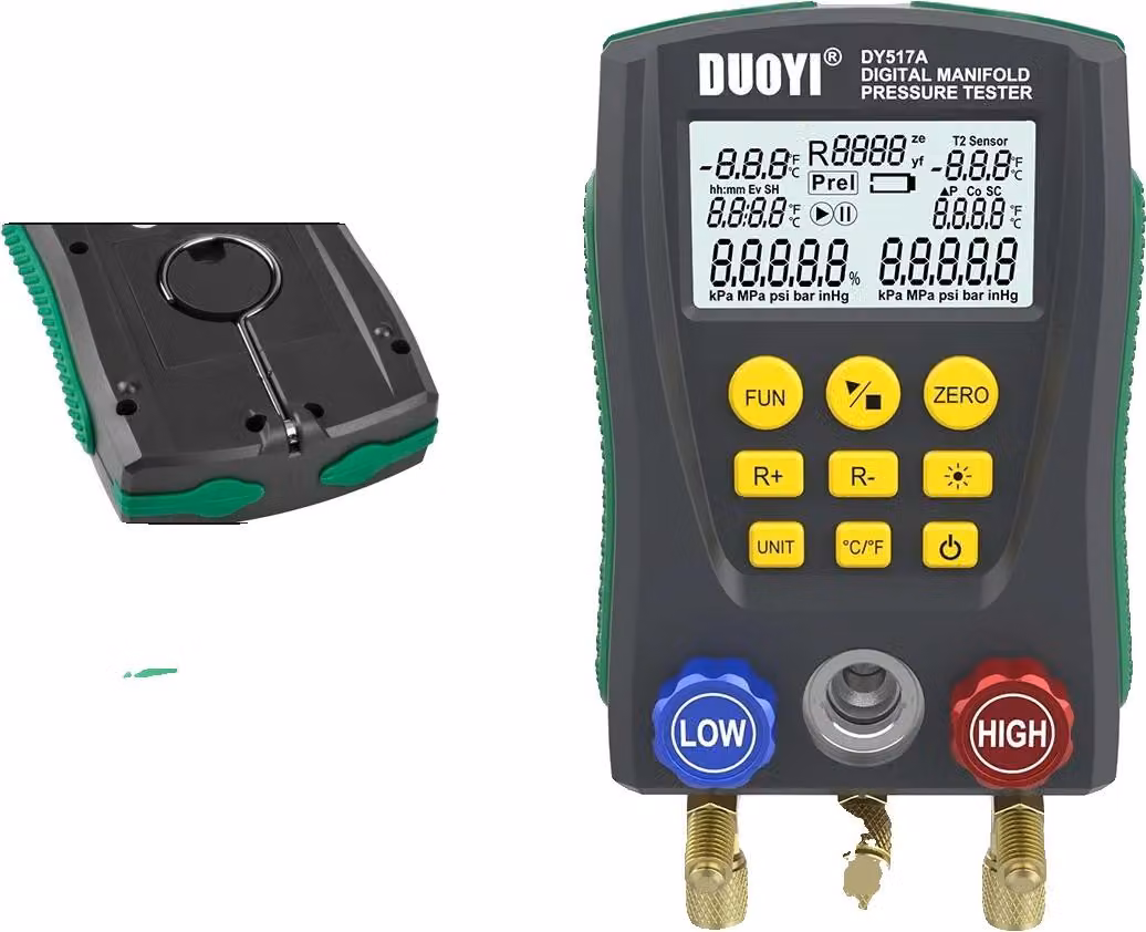 Manometro digitale, intervallo di prova della pressione da -101 Kpa a 6 Mpa, lunghezza del tubo flessibile 1,5 m, capacità multifunzione, doppia misurazione della temperatura, display LCD retroilluminato
