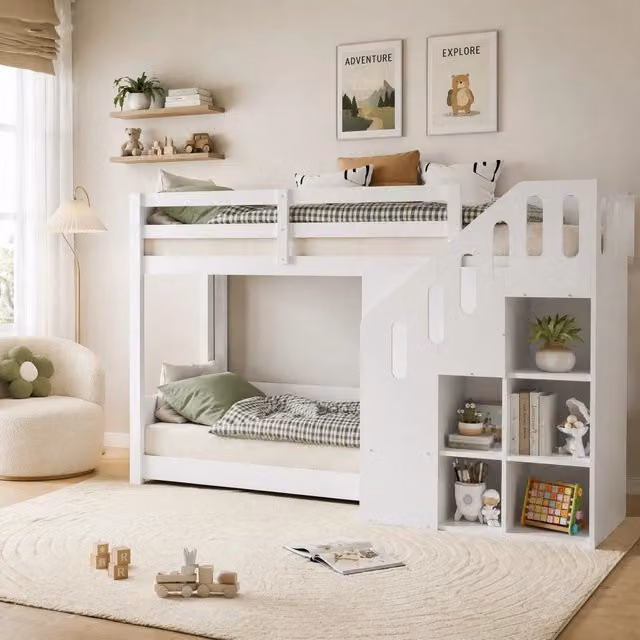 Letto a castello 90x200 cm in legno massello con scala contenitore; bianco