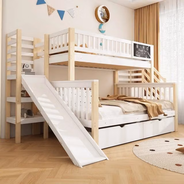 Letto a Castello per Bambini MINIMAL Bianco con Scivolo, Scala e Contenitore, L/P: 140 x 200 cm