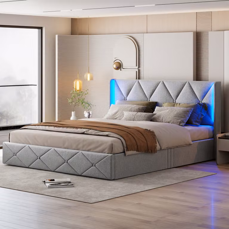 CDGlobal letto imbottito 140x200cm con LED, letto a molle idrauliche con rete a doghe, contenitore e struttura in metallo, letto matrimoniale in velluto, grigio