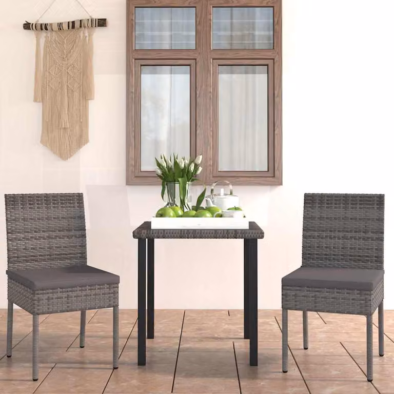 Set da pranzo da giardino vidaXL in 3 pezzi in polyrattan grigio e nero con piano in vetro e struttura in metallo