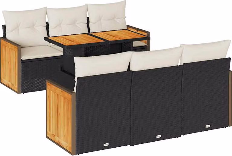 Set Divani da Giardino con Cuscini 7pz Nero Polyrattan Acacia