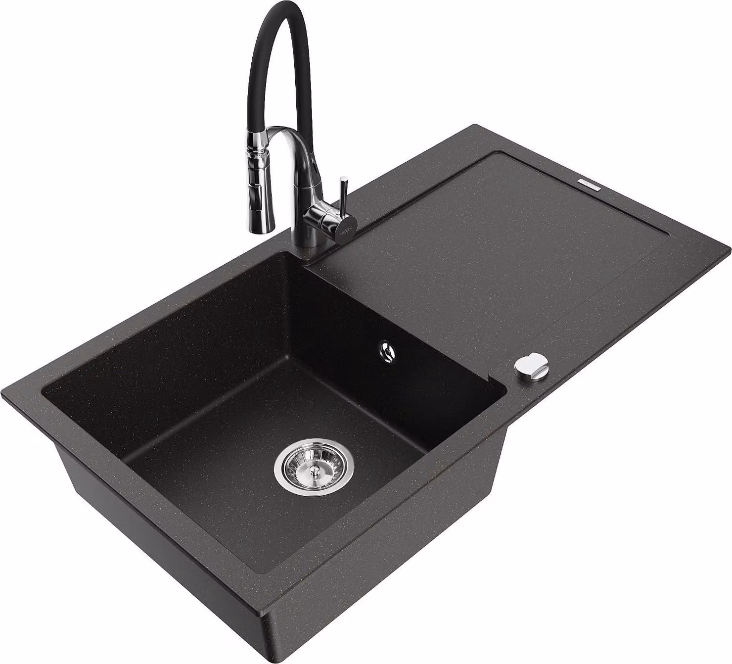 Mexen Leo lavello in granito a 1 vasca con sgocciolatoio e rubinetto da cucina Aster, nero/oro metallizzato - 6501-75-73450-07
