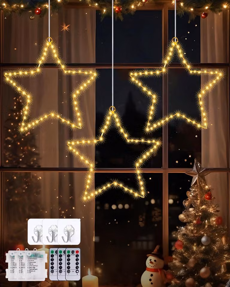 Set di 3 stelle decorative a LED, alimentate a batteria, con 8 modalità di illuminazione, controllabili tramite telecomando, diametro 30 cm
