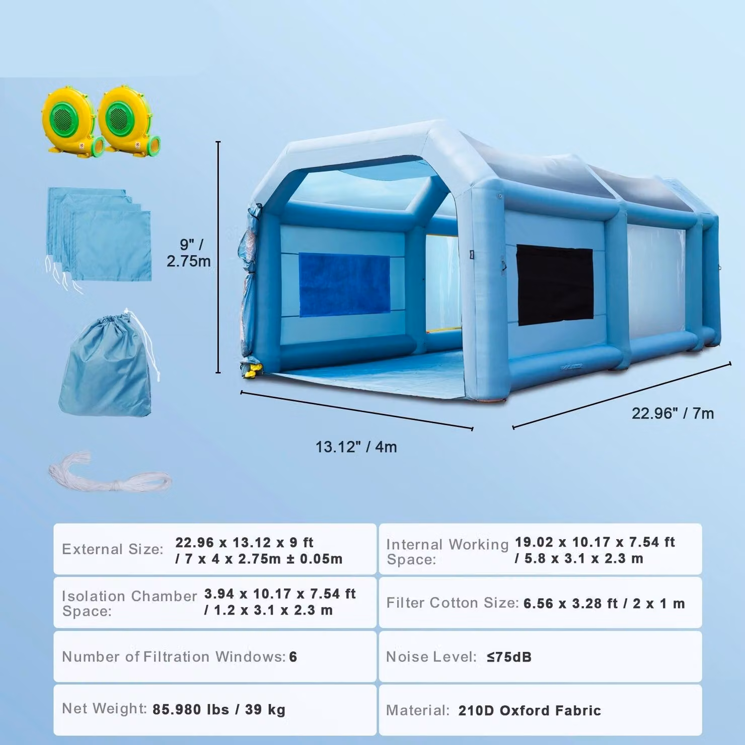 Cabina di verniciatura gonfiabile - Cabina di verniciatura - Tenda per verniciatura - Cabina a spruzzo - Dimensioni: 7x4x2,75 metri - con ventilatori