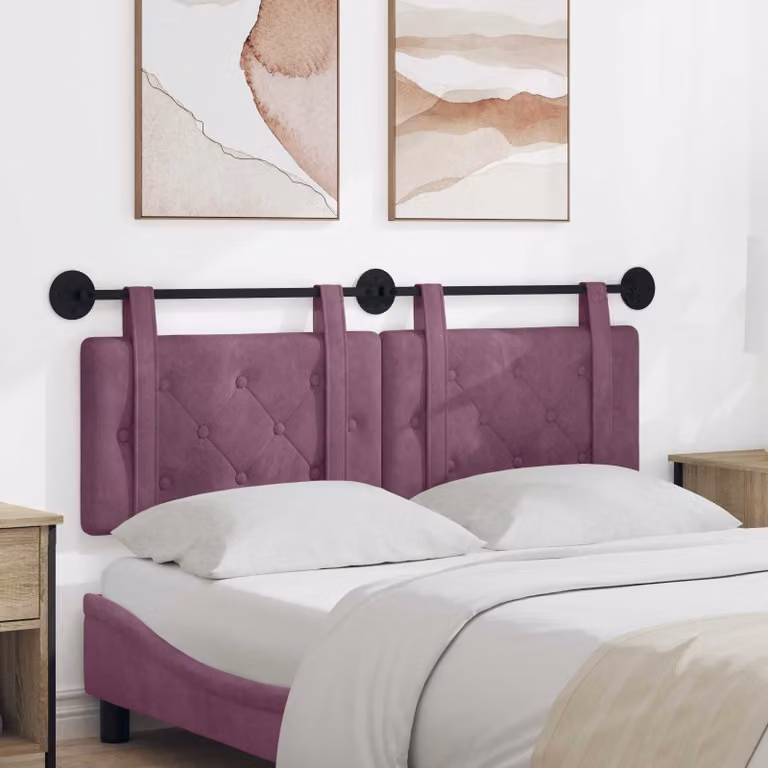 Testiera per letto sospesa vidaXL in velluto viola con pannello imbottito e struttura in legno ingegnerizzato L: 130 cm, H: 55 cm, P: 5 cm