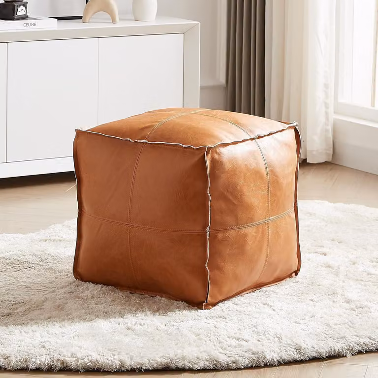Pouf in ecopelle, non imbottito, quadrato, 45 cm, arancione, poggiapiedi