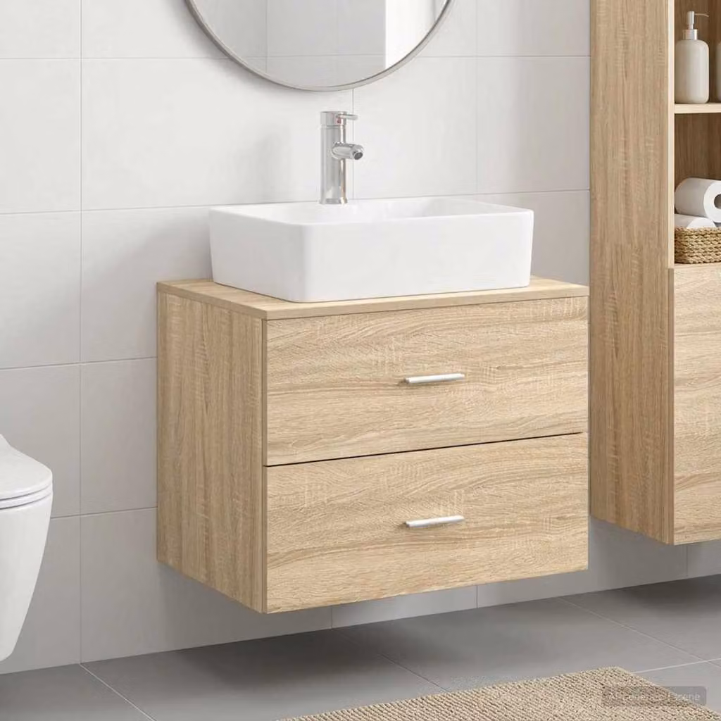 Set di mobili per il bagno moderno vidaXL in legno MDF color marrone, con vanità sospesa e cassetti interni, L: 62,5 cm, P: 44,5 cm, H: 50,0 cm