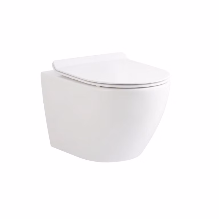 BELVIT WC sospeso senza bordo, bianco lucido, forma a D e versione ridotta da 49 cm - WC sospeso senza bordo con sedile in Duroplast con chiusura ammortizzata, rimovibile