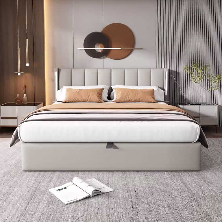 Letto imbottito STILVORA, 140x190 cm, con porta USB e illuminazione LED, letto per giovani con spazio contenitore a sollevamento idraulico e rete a molle, struttura letto con poggiatesta regolabile, colore grigio