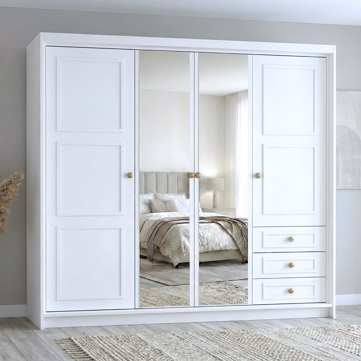 Spazioso armadio a quattro ante OSLO con cassetti e maniglie in metallo – design moderno Colore: bianco