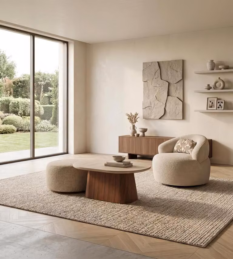 Set di tavolino e poggiapiedi moderni, beige, design, tavolino laterale, poggiapiedi, forma ovale