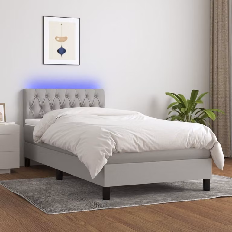 The Living Store Letto a molle con materasso e LED in tessuto grigio chiaro 90x200 cm