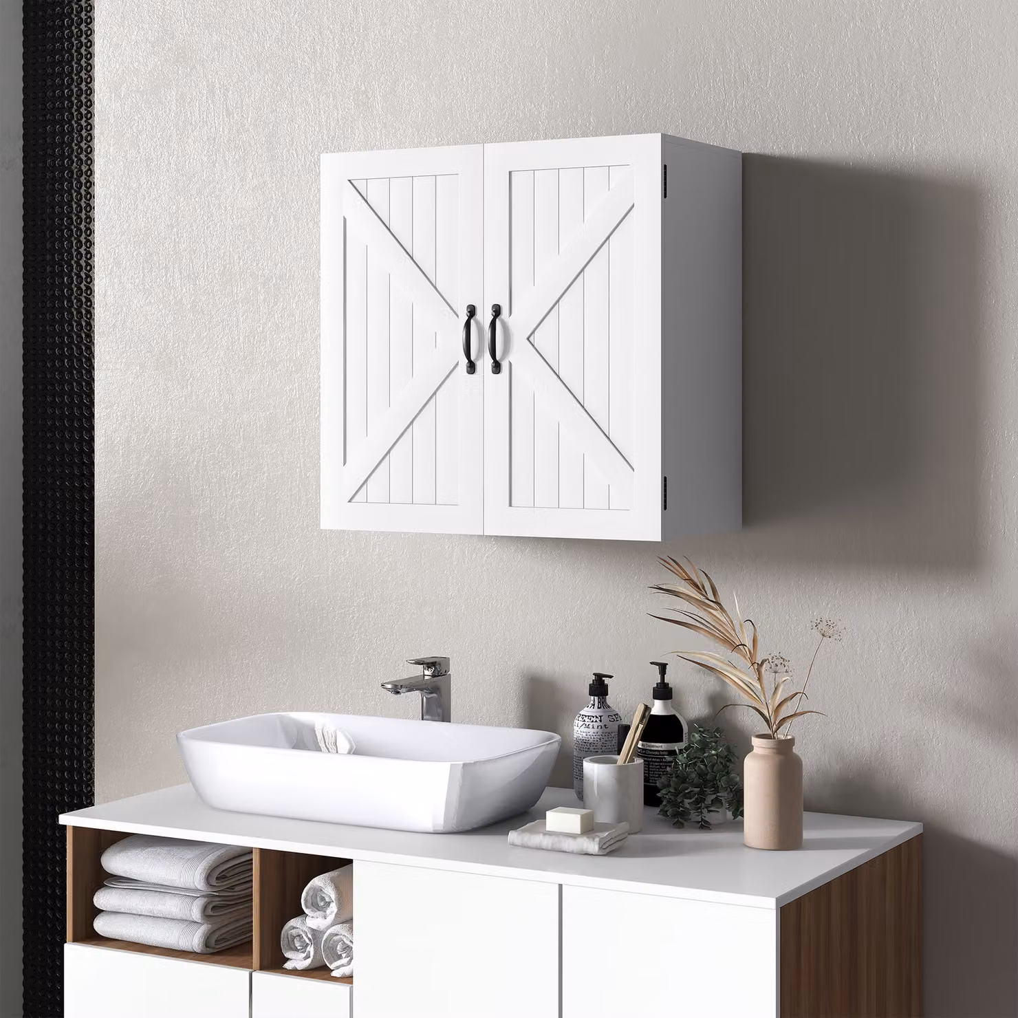 Armadietto Pensile da Bagno in Legno Stile Country con Ripiano Regolabile kleankin, Bianco, L: 60 cm, P: 30 cm, H: 60 cm – 2