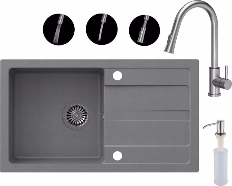 VBChome Lavello con rubinetto 77 x 44 cm Grigio Lavello singolo da incasso Gocciolatoio Maculato Reversibile Lavello in granito Sifone Dispenser per detersivo Rubinetto