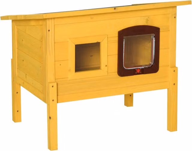 Casetta per gatti in legno zephmum gialla con tetto rimovibile e pavimento rialzato L: 70 cm, P: 51.5 cm, H: 60 cm