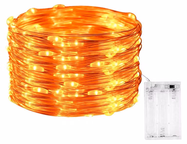Catena luminosa a tema Halloween, 5 metri, 50 LED, arancione, alimentata a batteria