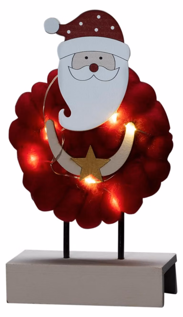 Decorazione natalizia a forma di Babbo Natale in legno, illuminata a LED, colore rosso, con 6 luci LED bianco caldo, timer e alimentazione a batteria
