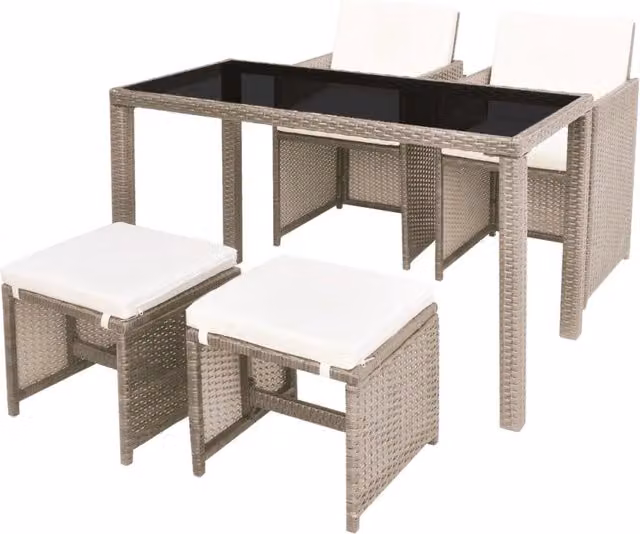 Set da Pranzo da Giardino 5 Pezzi in Polyrattan con Piano in Vetro e Cuscini Beige