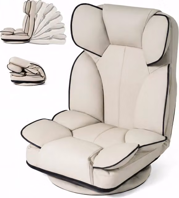 Poltrona da pavimento pieghevole e girevole a 360 gradi con design ergonomico e imbottitura in ecopelle, ideale per soggiorno, studio o camera da letto, colore Beige