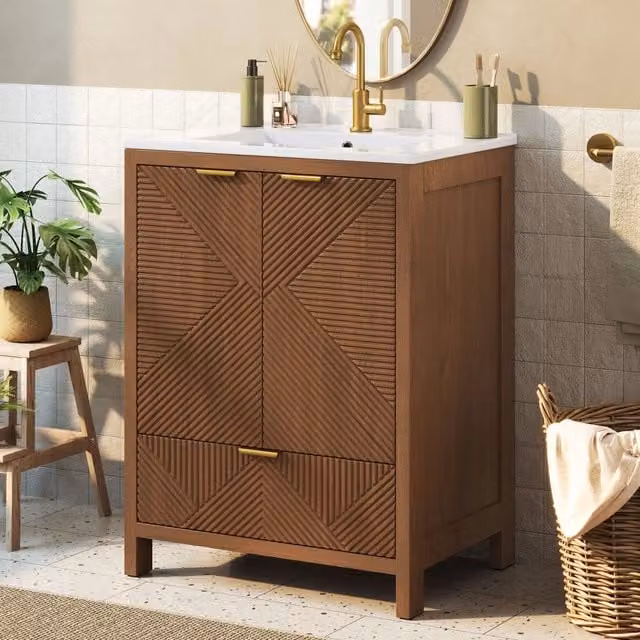 Mobile da bagno a colonna - con lavabo in ceramica - cerniere ammortizzate - ripiano interno all'anta - con cassetto - colore noce (rubinetto non incluso)