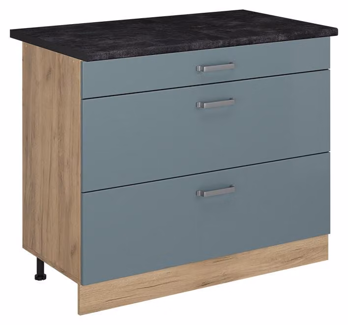 Mobiletto base per cucina Vicco R-Line Grigio-blu/Rovere dorato 100 cm piano di lavoro Antracite, Model 71640